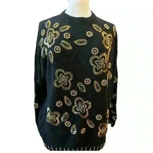 VINTAGE 1990s Western Connection Black Gold Pearl Geometric Beaded Sweater